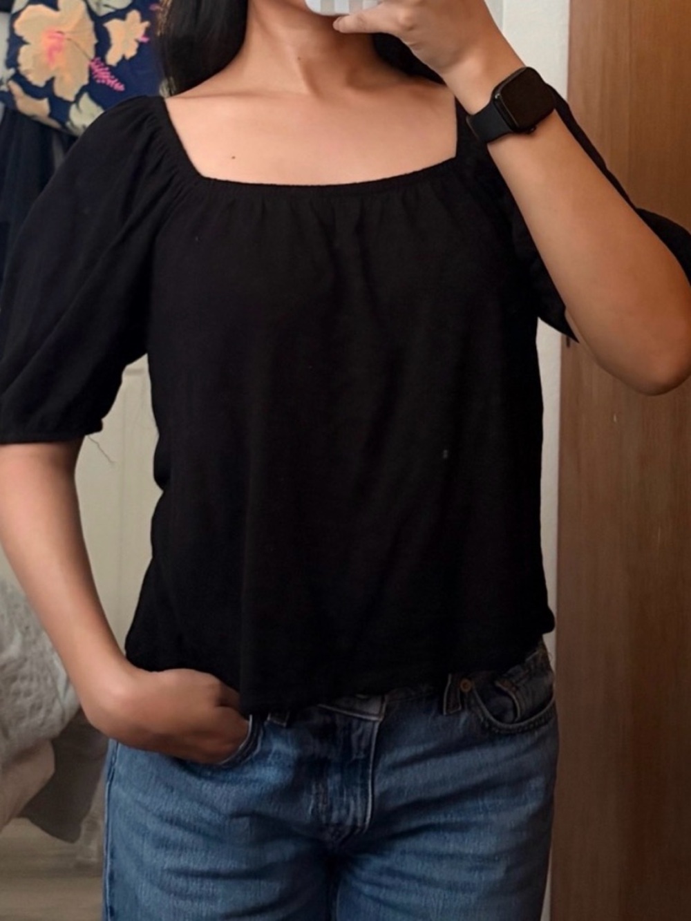 Old Navy Black Square-Neck Puff Sleeve Top